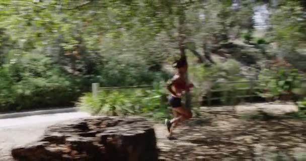Νεαρή Γυναίκα Που Τρέχει Μέσα Από Δέντρα Στον Αγροτικό Δρόμο — Αρχείο Βίντεο