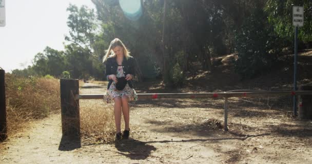 Hipster White Girl Sitting Gate Outdoors — Stock Video