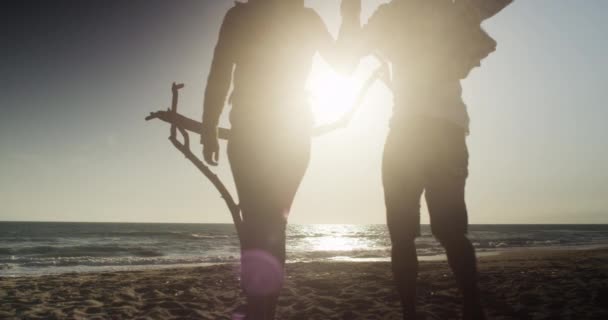 Silhouette Coppie Sedute Guardare Tramonto Sulla Spiaggia — Video Stock