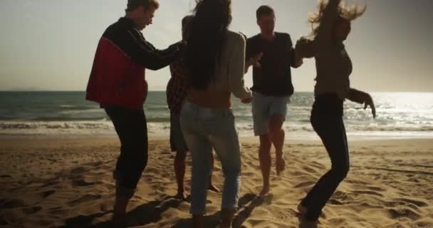 Silhouette Groupe Amis Multi Ethniques Dansant Sur Plage Bord Mer — Video