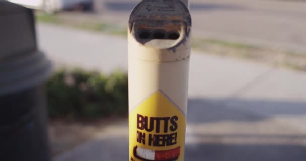 Cigarette Butt Disposal Container Butts Here Text Sign — Vídeos de Stock