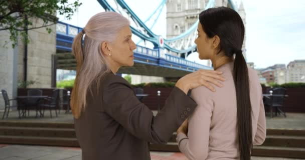 Kollegor Pratar Affärer Nära Tower Bridge Snäll Kvinnlig Chef Som — Stockvideo