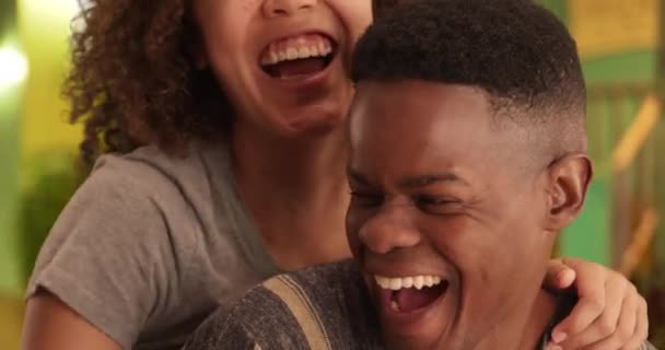 Black Millennial Couple Embrace Each Other Laughing Smiling Together African — Stock Video