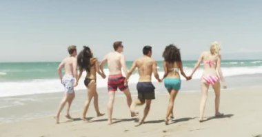 Sahilde el ele tutuşan ırklar arası genç arkadaşların toplu portresi.