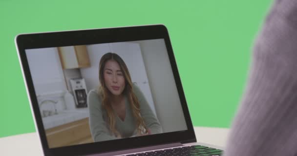 Woman Video Chatting Asian Woman Laptop Green Screen Green Screen — Stock Video