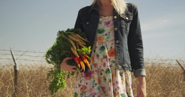 Bella Donna Che Tiene Verdure Appena Raccolte — Video Stock