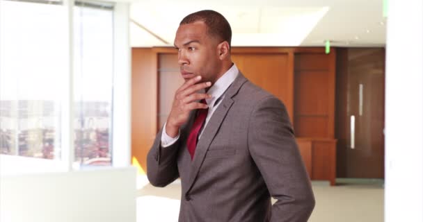 Black Businessman Looks Out His Office Window African American Business — Stock Video