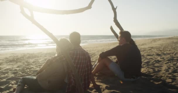 Two Couples Sitting Beach Looking Waves — Stock Video