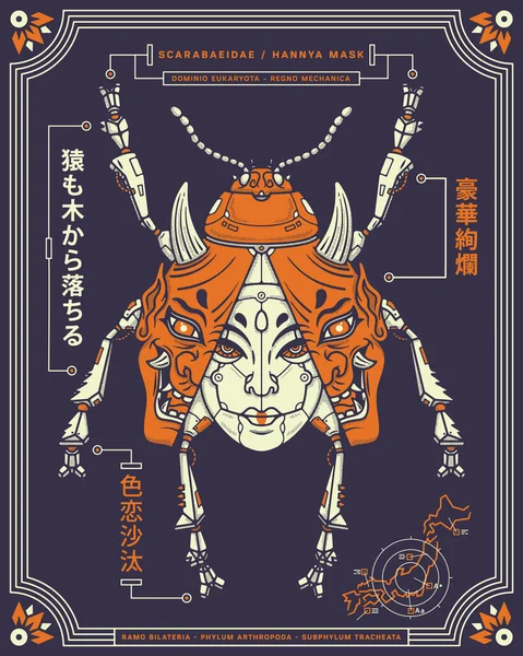 Masque Hannya Scarabée Mécanique Sont Une Illustration Vectorielle Sur Gauche — Image vectorielle