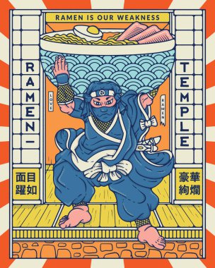 İki Japon atasözü olan Ramen Tapınağı ninja hırsız vektör çizimi. Sol alttaysa 