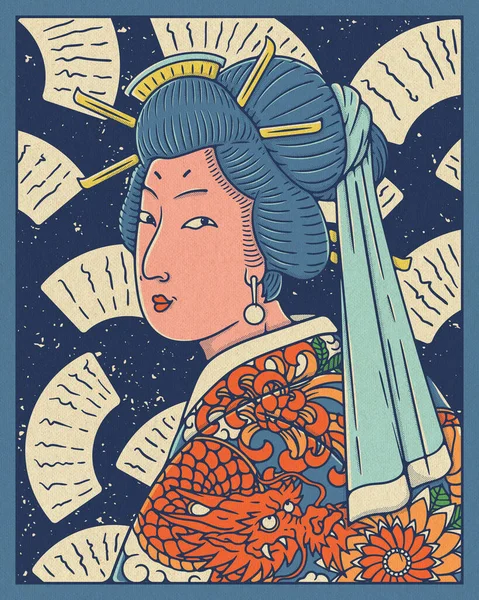 Lady Kami Med Örat Omtolkning Berömda Målning Med Japansk Stil — Stock vektor
