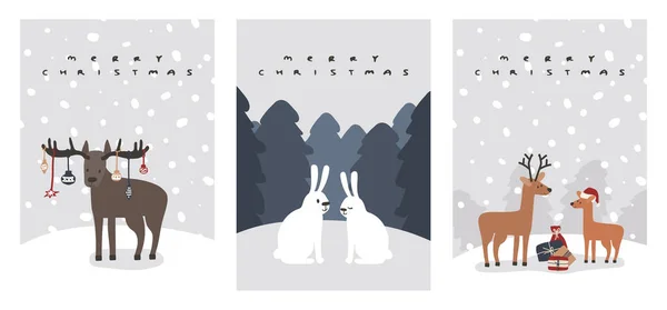 Χριστουγεννιάτικες Κάρτες Ελάφια Τάρανδους Λαγούς Οικογένεια Κουνελιών Στο Δάσος Ώρα — Διανυσματικό Αρχείο