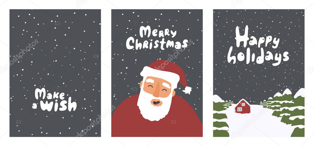 Collection of vector Christmas cards with Santa Claus, wooden house in the evening forest and sky with snow flakes and lettering. Merry Christmas, Make a wish, Happy holidays text