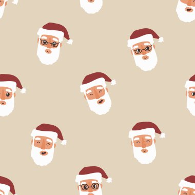 Mutlu Noel Baba kusursuz desen. Noel Baba 'nın Noel temsilcisi bej arka planda duygularla yüzleşiyor