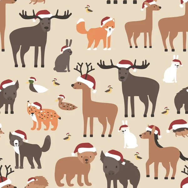 Patrón Sin Costuras Los Animales Del Bosque Navidad Los Sombreros — Vector de stock