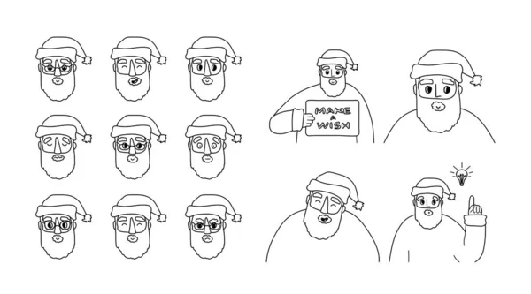 Zestaw Czarnobiałych Konturów Emocje Świętego Mikołaja Awatary Ręcznie Rysowane Ilustracje — Wektor stockowy