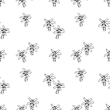 Siyah beyaz el çizilmiş palmiyeler pürüzsüz desen. Tropikal doğa arkaplanının sonsuz arkaplan çizimi