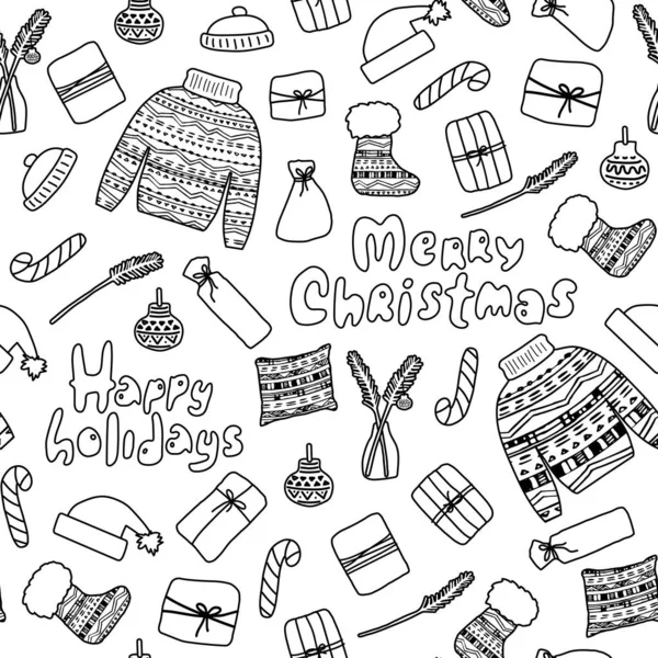 Χειμώνας Μαύρο Άσπρο Περίγραμμα Χριστούγεννα Στοιχεία Αδιάλειπτη Μοτίβο Γράμματα Πουλόβερ — Διανυσματικό Αρχείο