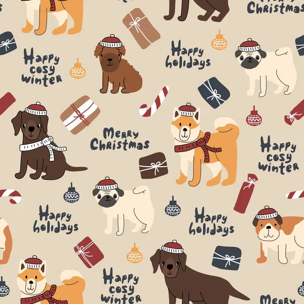 Patrón sin costuras de perros en invierno tejidos sombreros rojos blancos y bufandas, letras, regalos. Labrador retriever, perrito caniche, bulldog, akita inu, pug. Ilustración vectorial en Navidad — Vector de stock
