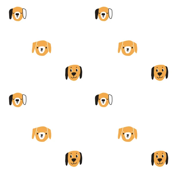 Söta handritade hundar eller valpar huvuden mönster på vit bakgrund. Vektor illustration av roliga djur för barn textil, kläder, barnsliga kläder i gult, svart, vita färger — Stock vektor