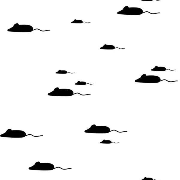 Bezproblémový vzor myších tvarů v černé barvě. Vektorová kreslená myš nebo krysa silueta opakování ilustrace na bílém pozadí — Stockový vektor