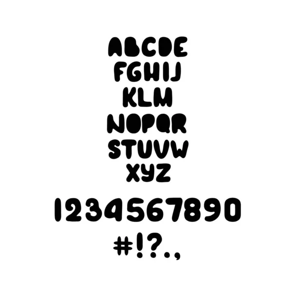 벡터 블랙 만화의 재미있는 문자, 숫자, 기호 세트. 어처구니없는 영어 손 글씨 abc 글꼴, 알파벳, 빈티지 글꼴, 숫자와 한숨, 대문자 — 스톡 벡터