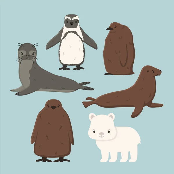 Zestaw wektorowy Pingwin, pisklę pingwina królewskiego, foka futrzana, młode niedźwiedzie polarne, mała wspólna foczka. Odizolowane małe kreskówki cute zwierząt morskich i oceanicznych dla dzieci książki, naklejki lub druki na ubrania — Wektor stockowy