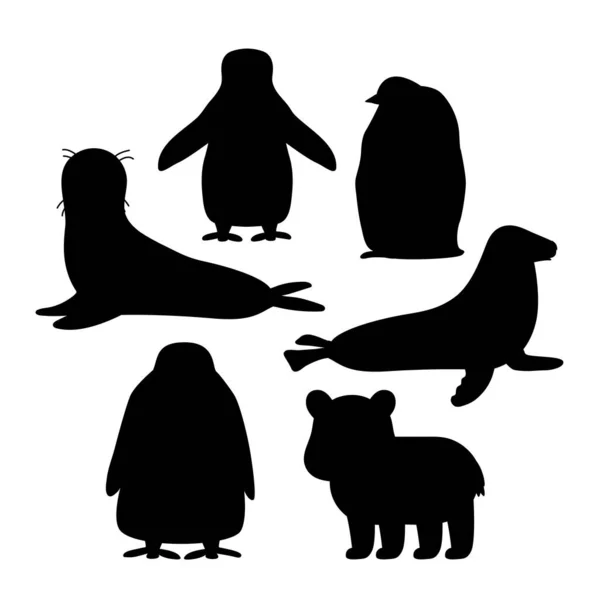 Ensemble de pingouin vecteur de silhouette blanc noir, pingouin royal, otarie à fourrure, ourson polaire, petit phoque commun. Isolé petit dessin animé mignon mer et océan animaux en forme pour les enfants livre, autocollants ou impressions — Image vectorielle