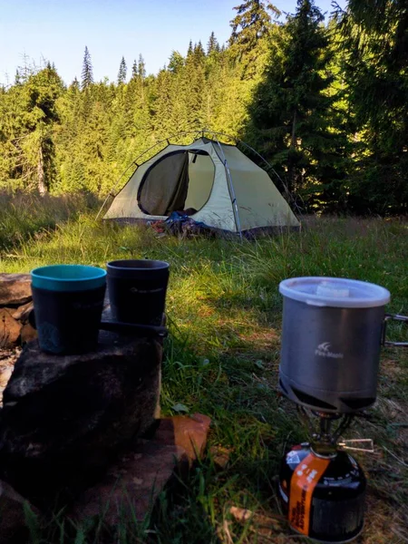 Camping Tent Mountain River Outdoor Tourist — Fotografia de Stock