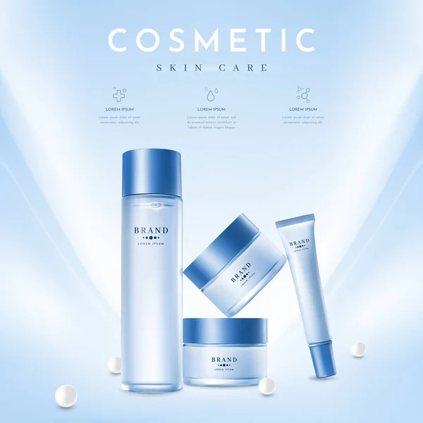 Blue Cosmetic Set Ads Pearls Light Blue Background Vector Illustration — Stok Vektör