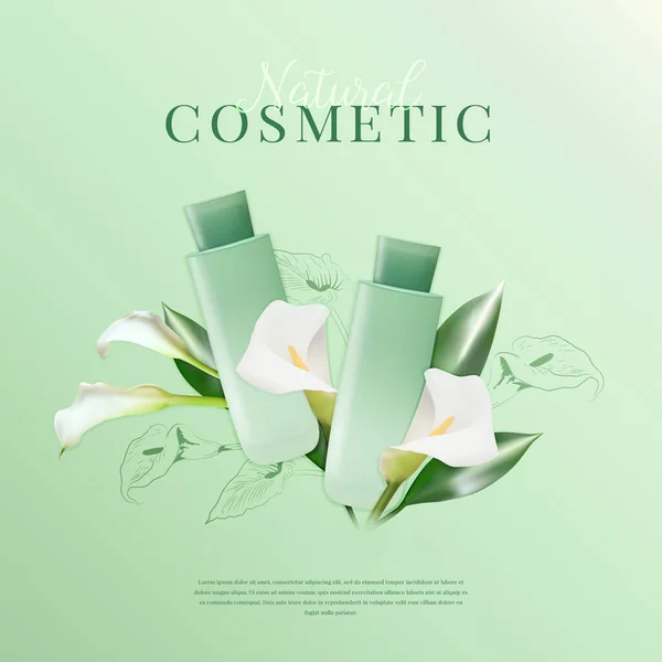 Natural Cosmetic Product Calla Lily Flowers Green Background Vector Illustration — Vetor de Stock
