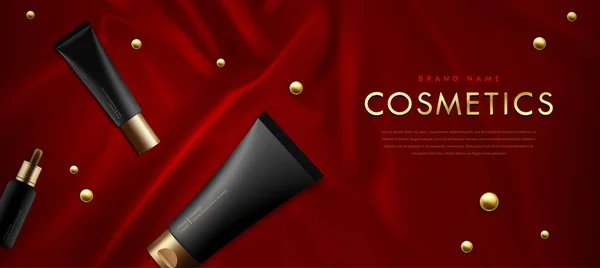 Set Luxury Cosmetics Red Silk Background Vector Illustration — Vetor de Stock