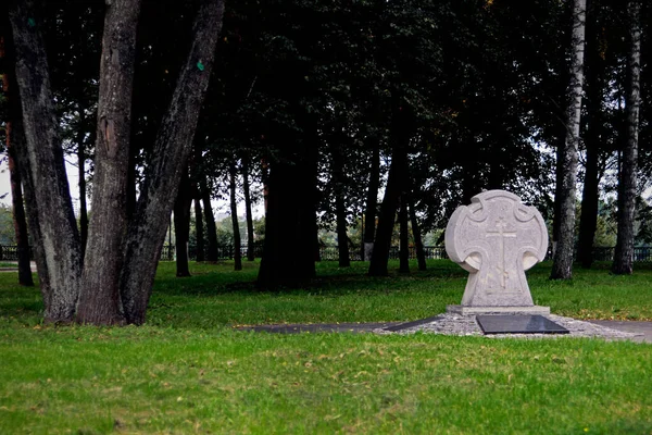 Krzyż Magila Park Drzewa Betonowy Krzyż Symbole Religijne Cmentarz Gotyk — Zdjęcie stockowe