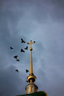 din, haç, kilise, tapınak, kuzgun, kargalar, bulut, korku, çan kulesi, haçın üstünde kargalar, çan kulesi