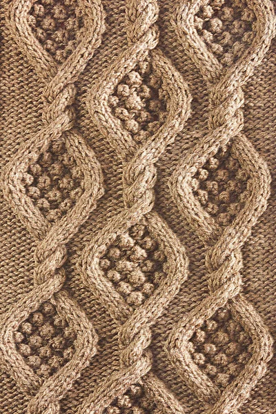 Verticale Achtergrond Textuur Gebreid Doek Met Aran Patronen Close Beige — Stockfoto