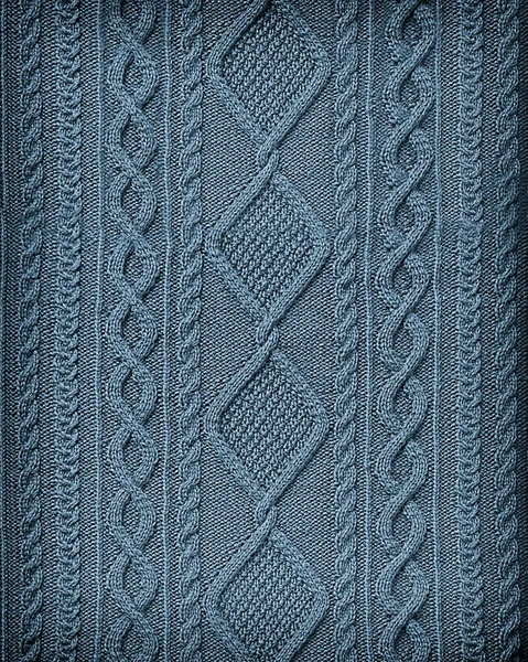 Blue Background Texture Patterned Knitted Fabric Closeup Embossed Knitted Arana — Stock Photo, Image
