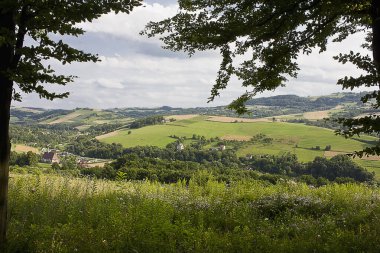 Landscape a green summer meadow on a hill and a view of the fields below