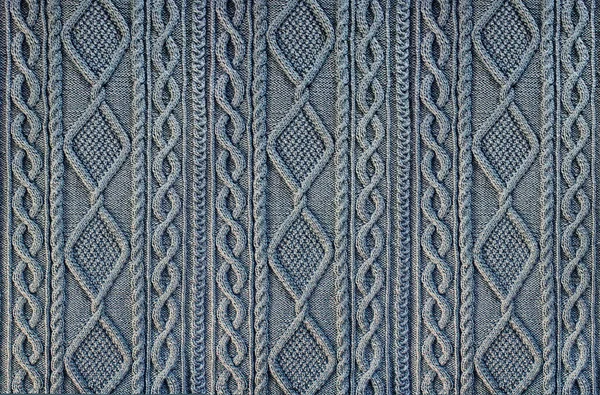 Blue Background Knitted Fabric Pattern Knitted Arans Close — Stock Photo, Image
