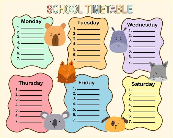 Skolans schema design med söta mål huvud. Veckoplanerare med tecknade djur. Tidsplan för grundskolan. Utformning av barnprodukter. — Stock vektor