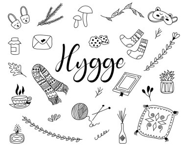 Karalama hygge nesneleri koleksiyonu. Yazıt kızartıcısı. Samimi, el yapımı elementler. Vektör illüstrasyonu