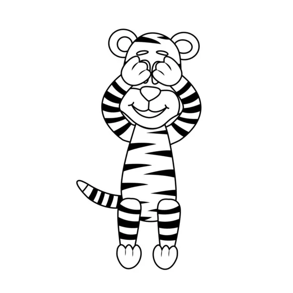 Carina la tigre. Disegno da colorare per bambini. Il cucciolo di tigre chiude gli occhi, nascondendosi. Illustrazione vettoriale Doodle. — Vettoriale Stock