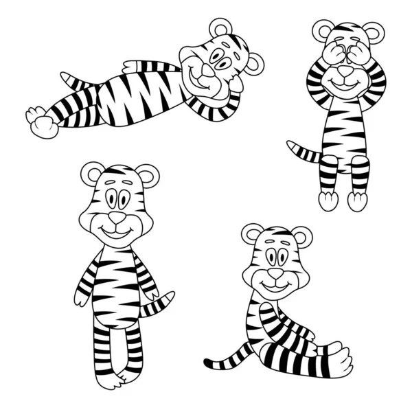 Satu set doodle tiger. Tangan ditarik harimau dalam pose yang berbeda. Pewarnaan halaman untuk anak-anak. - Stok Vektor