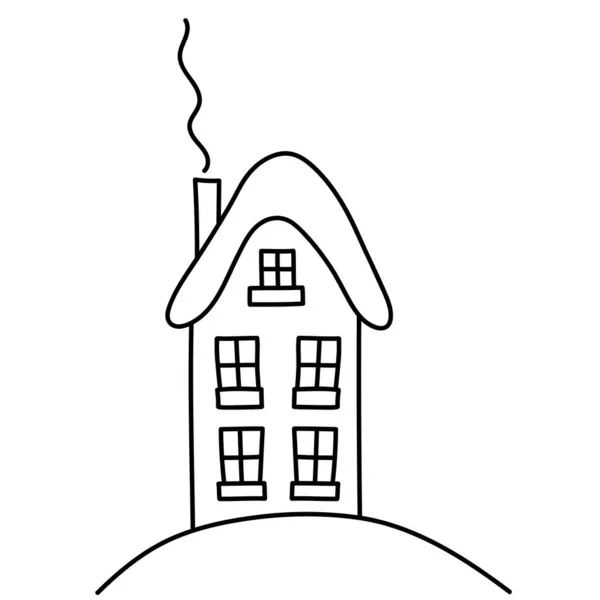 Doodle Dom Dymiącym Kominem Ręczne Rysowanie Domu Bożego Narodzenia Oknami — Wektor stockowy