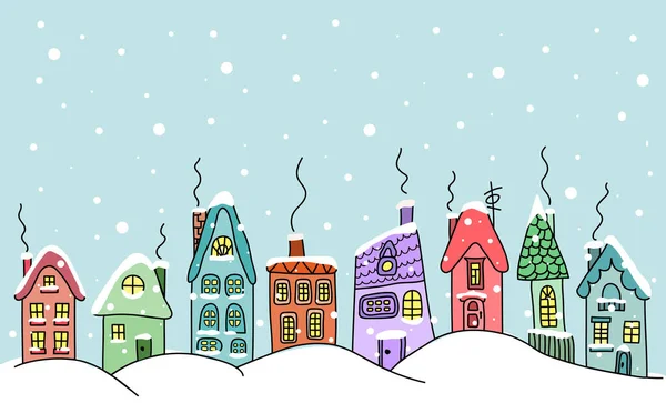 Kolekcja Domów Zimowych Świąteczne Miasto Domy Śniegu Doodle Domy Dymiących — Wektor stockowy