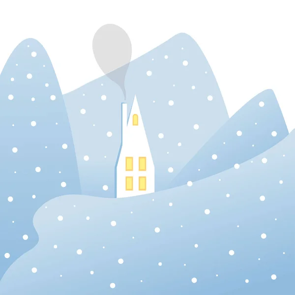Mały świąteczny domek na zaśnieżonych wzgórzach. Dom z dymem z komina i okna ze światłem. Śnieg — Wektor stockowy