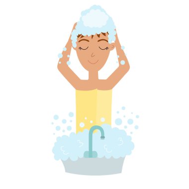 Genç bir kadın başını yıkıyor. Kız hijyeni, sağlık hizmetleri. Her günkü güzellik konsepti. Vektör düz resimleme.