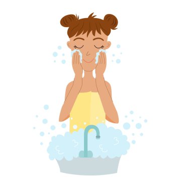 Kız yüzünü yıkar. Kadın hijyeni, cilt bakımı. Her günkü güzellik konsepti. Vektör düz resimleme.