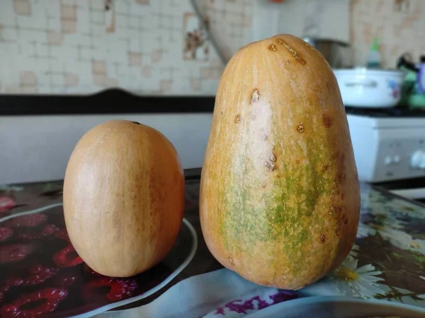 厨房桌子上的两只成熟的南瓜 — 图库照片