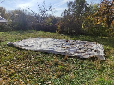 Bahçede yerde büyük beyaz bir bez.