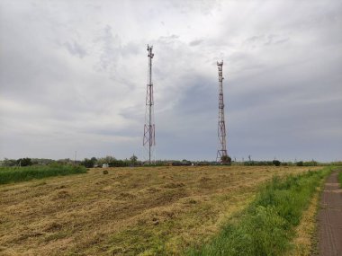 Tarım alanının arka planında haberleşme kuleleri